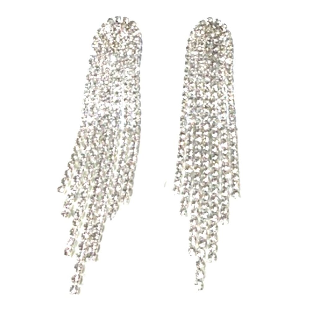 NWT Rhinestone Fringe Dangle Earrings Silver Tone Statement Long Sparkle